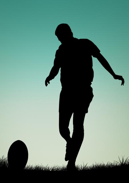 Silhouette of a male athlete playing football at dusk, perfect for sports and fitness themes. Ideal for use in articles, advertisements, and promotional materials related to football, outdoor activities, and athleticism. The serene evening sky adds a dramatic effect, making it suitable for motivational and inspirational content.