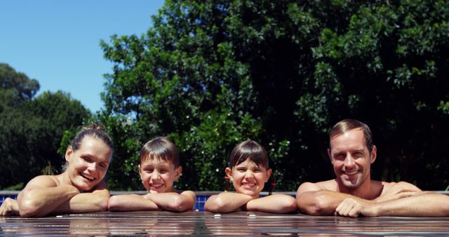 Family members enjoying recreational time in a pool. Perfect for advertisements related to family holidays, summer activities, travel destinations, or outdoor leisure. The setting shows cheerful expressions and togetherness, ideal for promoting family fun or wellness campaigns.