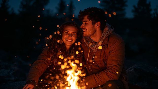 Couple cuddling by campfire in forest at night, sparking bonfire warmth and romance