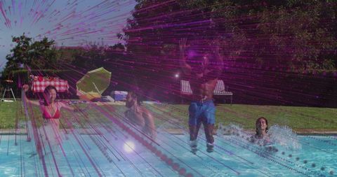 Jumping into backyard pool with friends splashing, sunny summer lawn, purple light overlay