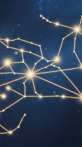 Vertical video drawing glowing golden constellation network over deep space starfield