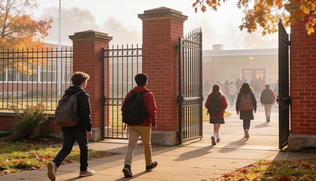 Students walking through brick gate into school campus on misty autumn morning