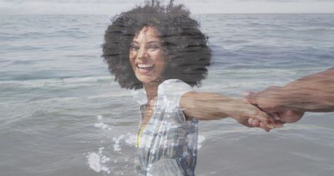 Happy Woman Holding Hands by Ocean Waves Overlay