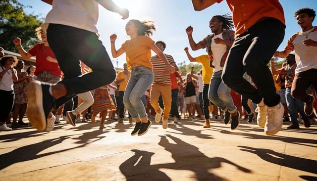 Jumping young adults dancing outdoors at summer festival wearing orange tops and sneakers