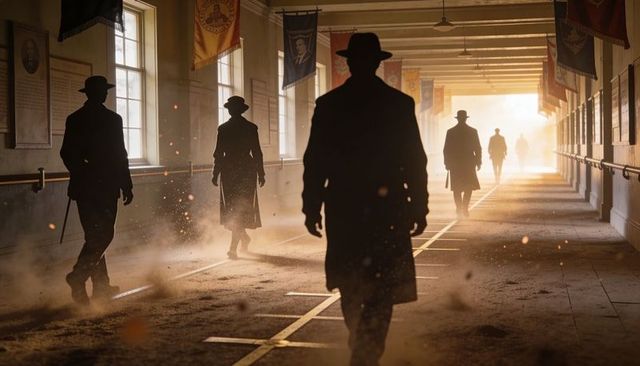 Silhouetted figures walking through sunlit corridor with dust, embers and banners