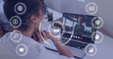 Remote collaboration and virtual learning: participant joining video call on laptop with hud overlay