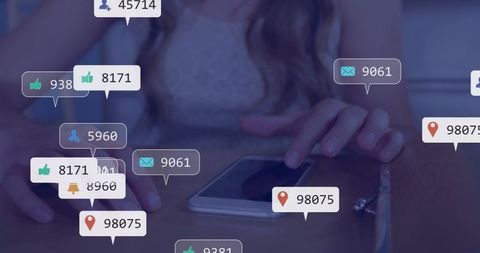 Hand tapping smartphone with social media notifications overlaid