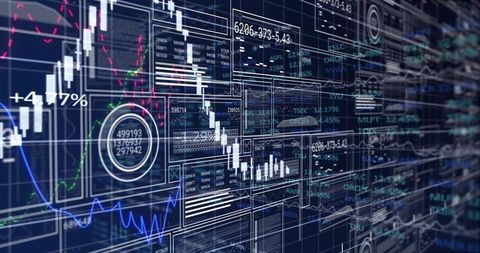 Trading dashboard displaying candlestick charts, market tickers and analytics on multiscreen