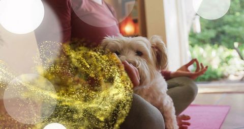 Meditating woman holding small dog on lap during home yoga practice with cozy vibes