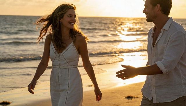 Walking couple gazing at golden sunset on beach, romantic stroll during golden hour
