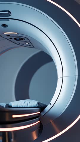 Patient table gliding into MRI bore with LED strips, diagnostic imaging sequence