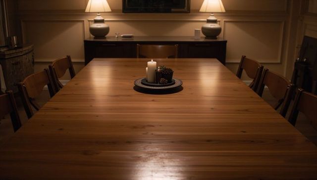 Warm Candlelit Dining Table Featuring Minimal Pinecone Centerpiece and Ambient Lamps