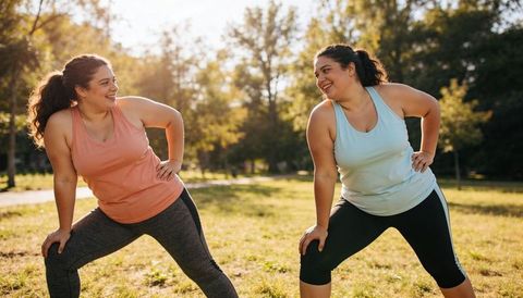 Two women stretching together in sunlit park during golden hour for outdoor fitness