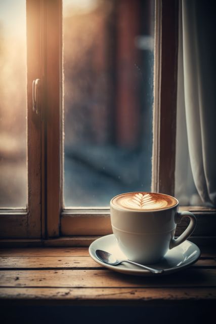 White cup of latté with art sits on wooden windowsill, bathed in warm morning sunlight. Ideal for themes related to relaxation, coffee breaks, morning routines, cozy atmospheres, cafes. Could be used for advertisements for coffee shops, blog posts about morning habits or cozy living, social media content around relaxation.