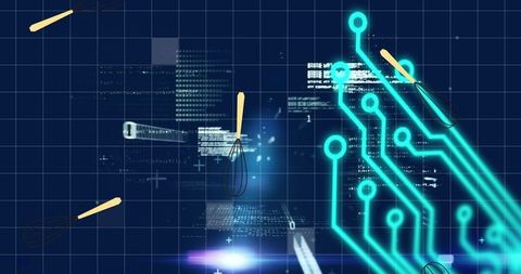 Whisks and neon circuits overlaid on digital blue grid