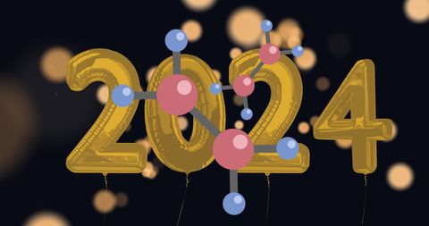 Molecules over 2024 balloons on black background