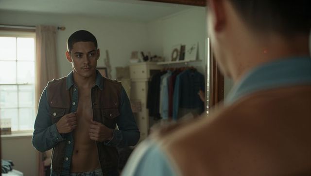 Man in Denim and Leather Vest Reflecting in Bedroom Mirror