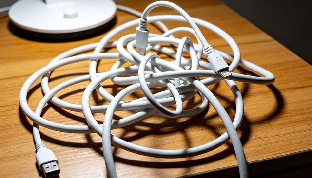 Tangled white charging cables crowding wooden desk surface with usb and lightning ends