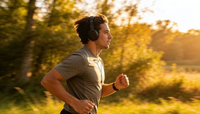 Young male jogging at golden hour with headphones and wrist tracker on forest trail