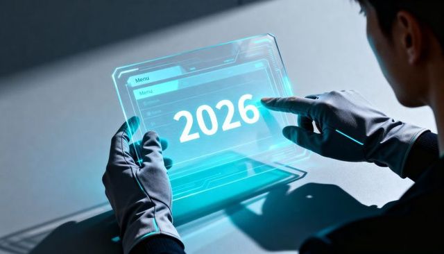 Technician tapping holographic tablet 2026 ui cyan glow futuristic interface gloved hands