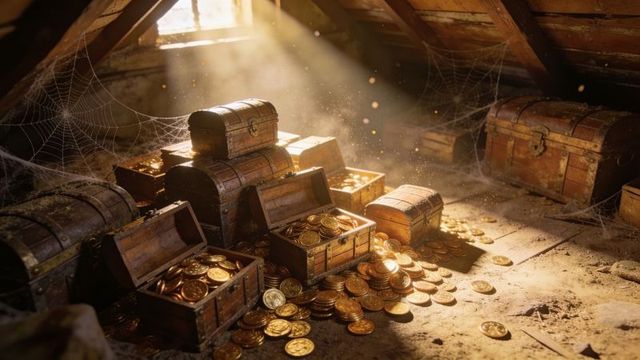 Sunlit antique treasure chests spilling gold coins in dusty attic loft with aged cobwebs