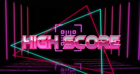 Retro Neon High Score Message Over Geometric QR Design