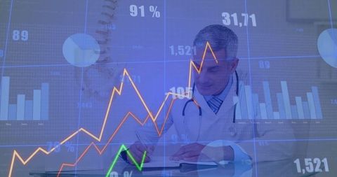 Doctor Analyzing Data with Overlay of Health Charts and Graphs
