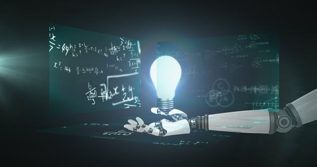 Futuristic Robotic Arm Holding Light Bulb Over Mathematical Equations in Digital Space - Download Free Stock Images Pikwizard.com