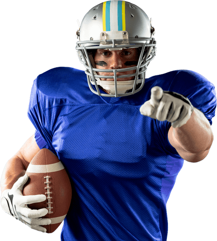 Transparent portrait of confident football player pointing athlete strength