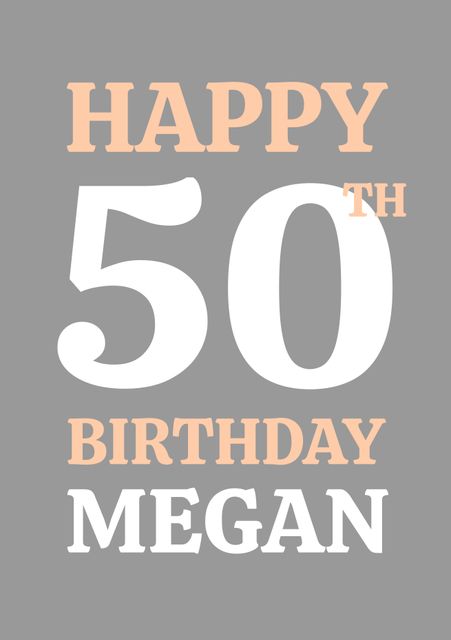 Happy 50th birthday megan text in white and brown on grey. Happy fiftieth birthday celebration greetings card, digitally generated image.