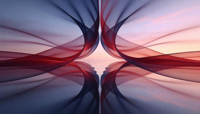 Flowing translucent ribbons forming symmetrical reflection over calm water pastel dawn