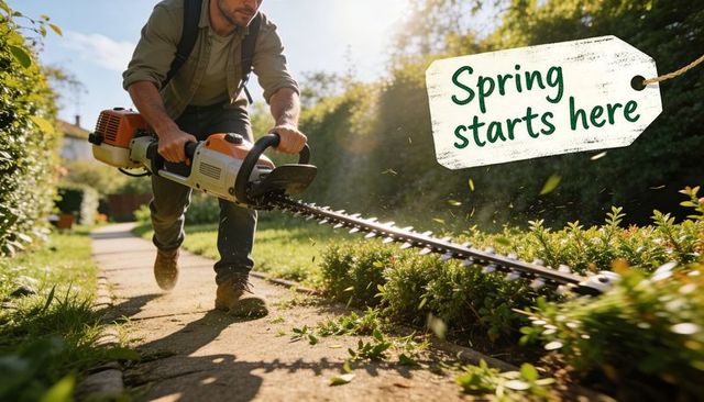 Gardener trimming hedges with gas-powered trimmer on sunny suburban pathway spring yard care