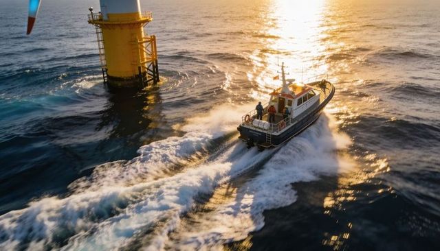Workboat cutting wake past yellow monopile at golden sunset, crew wearing life jackets