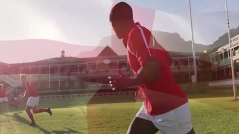 Rugby Players Running with Swiss Flag Overlay Showing Team Spirit