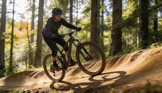 Mountain biker carving sunlit pine trail, kicking dust on bermed singletrack corner