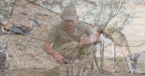 Blending humanity with nature: man overlapping antelope in savanna