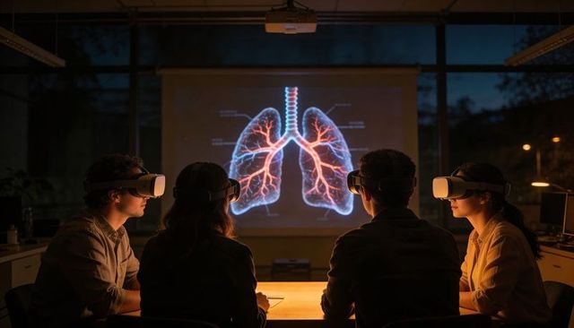 Medical students using vr headsets studying interactive 3d lungs simulation in lab