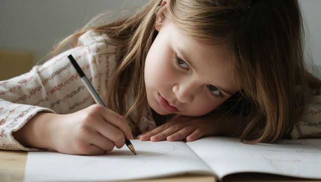 School-age girl writing in notebook at desk leaning on arm during focused study time