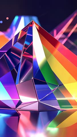 Rotating Glass Prism Casting Rainbow Reflections on Mirrored Base — Vertical Video