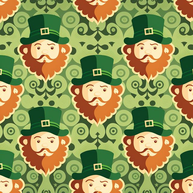 Pattern featuring leprechaun faces with red beards and green hats. Ideal for St. Patrick's Day themes, festive decorations, gift wrapping paper, wallpapers, and event promotions involving Irish culture.
