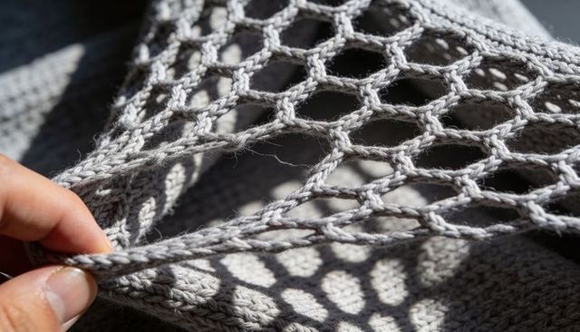 Hand pinching gray open-knit mesh showing yarn texture and sunlit knit shadow play detail