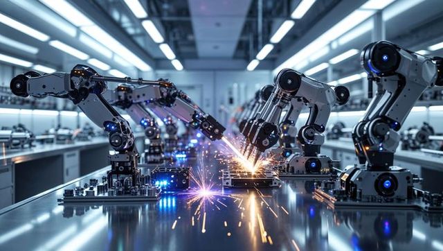 Robotic arms in action welding in modern industrial factory