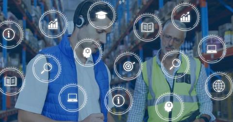 Scanning warehouse inventory with digital logistics icons for smart supply chain
