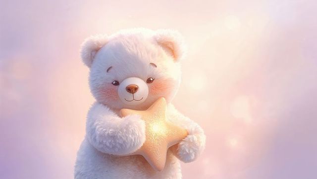 Warm plush teddy bear holding glittering golden star on pastel bokeh background