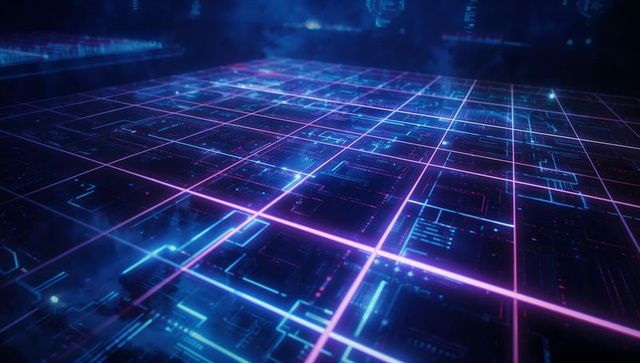 Futuristic cyber grid with holographic elements and glowing panels