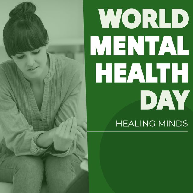 Promotional content about World Mental Health Day raising awareness about mental health issues. Featuring a depressed caucasian woman, suitable for campaigns, articles, and social media to highlight the importance of mental health, counseling, and therapy support.