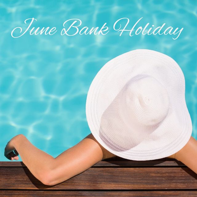 Digital composite image of june bank holiday text with cauasian woman wearing white hat in pool. relaxation, lifestyle and holiday concept.