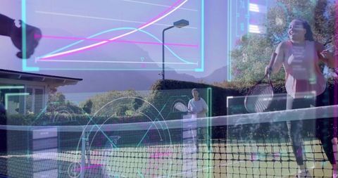 Female athlete lunging toward net on lawn tennis court with vibrant augmented hud overlays