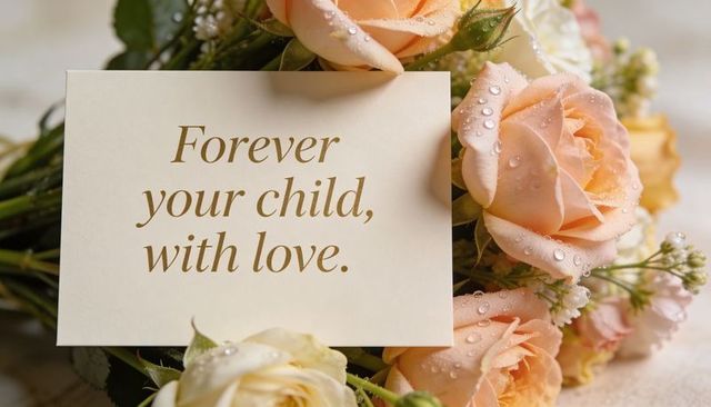 Forever your child with love card on pale peach roses with dew drops - memorial sympathy