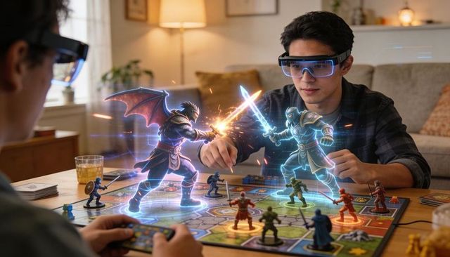 Young man wearing ar goggles controlling holographic fantasy battle over tabletop board game